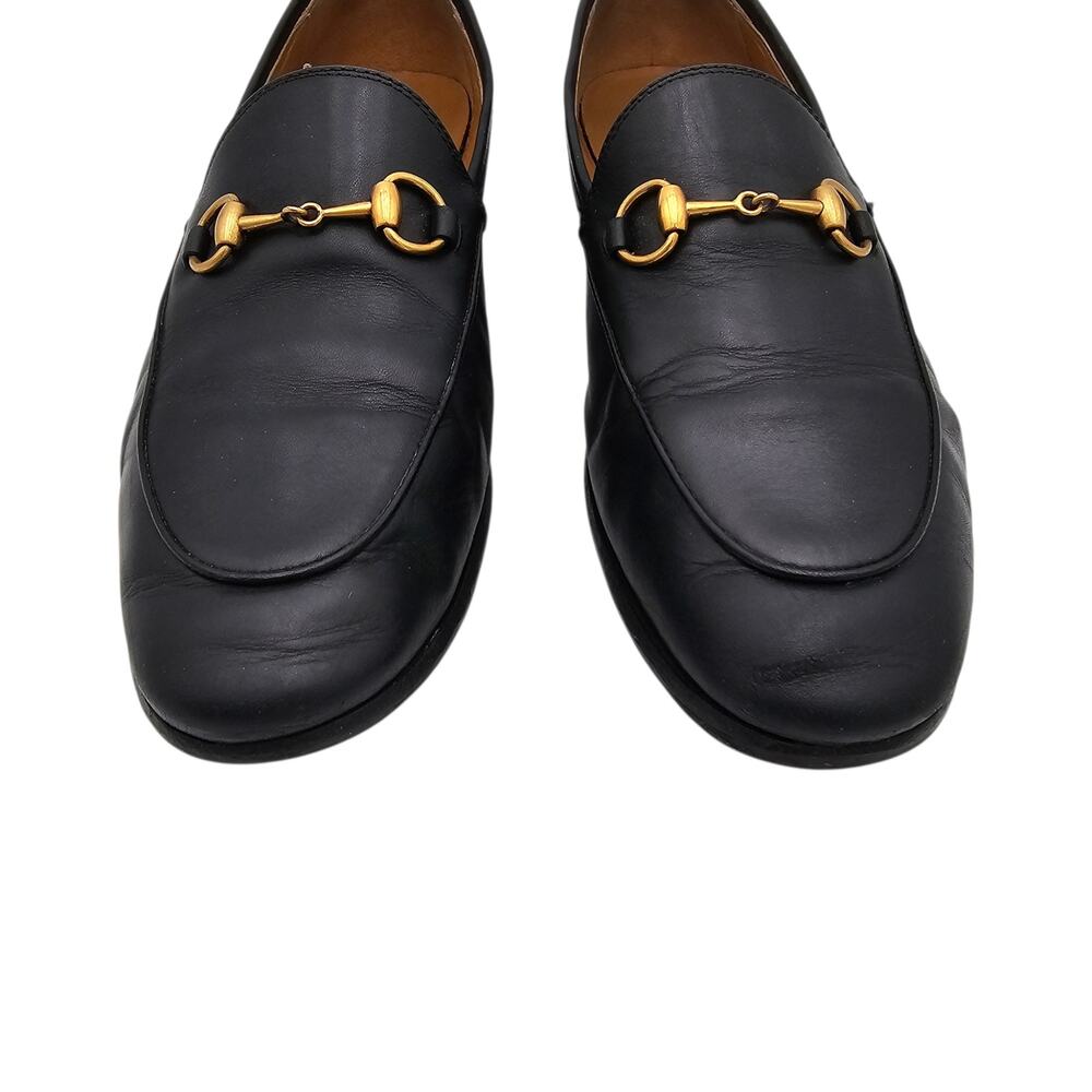 Gucci Jordaan Horsebit Slip On Flat Loafer Black Leather Gold Size 37.5 US 7.5 - Picture 5 of 11